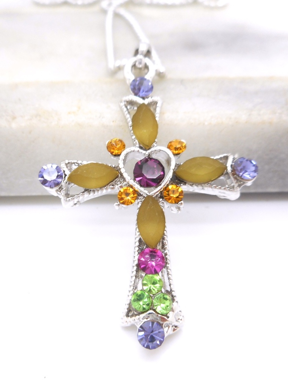 1" Crystal Cross Unique Colors Pendant Necklace